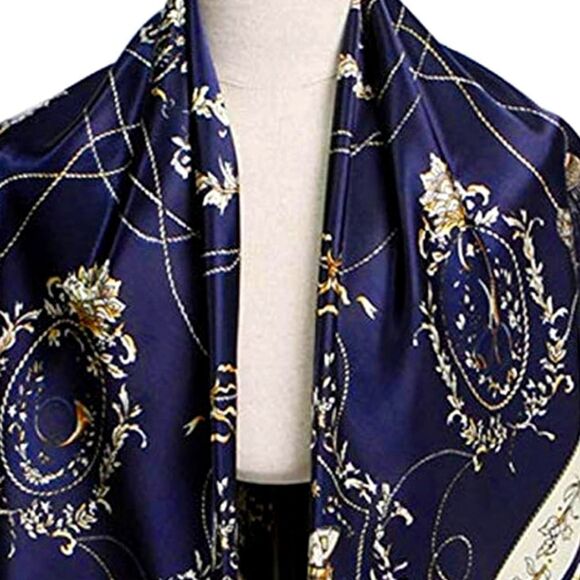 Scarf Headwraps for Women Silk Scarf Navy Satin Print 35 x 35 - Picture 8 of 12
